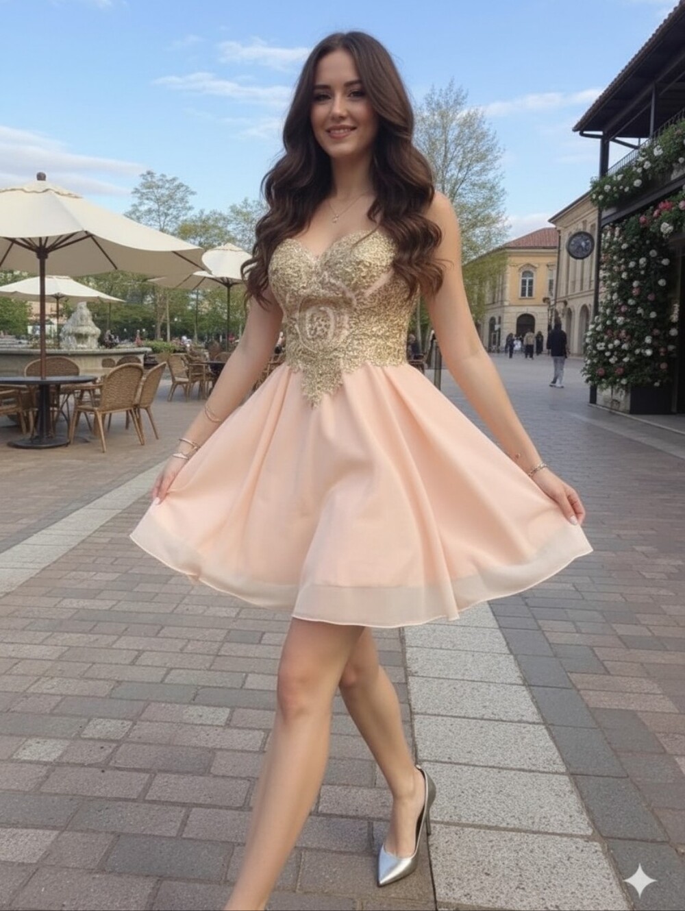 Gold-Embellished Blush Mini Dress with Sweetheart Neckline